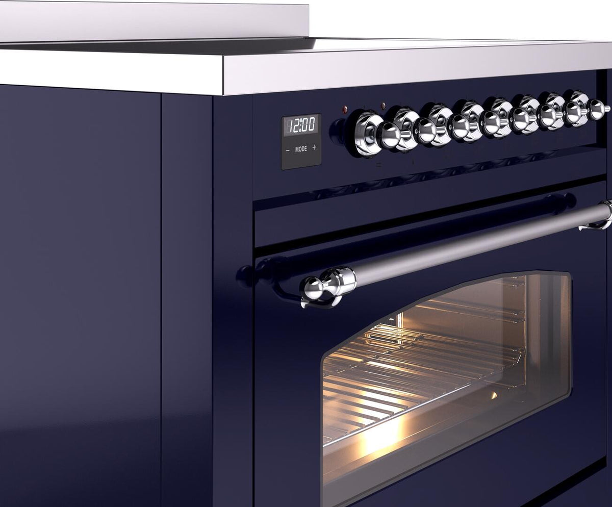Side view of freestanding induction range with chrome control knobs and oven door