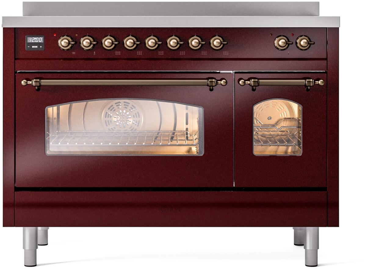Freestanding induction range in burgundy with bronze knobs and oven window