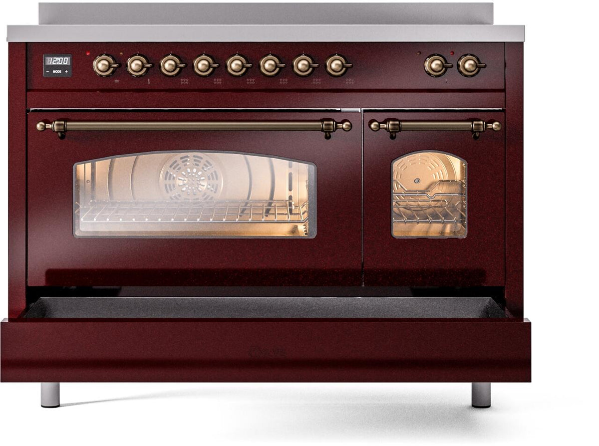 Freestanding induction range front view with both oven doors open