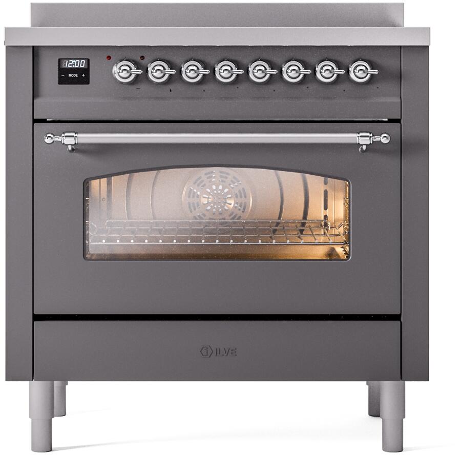 ILVE freestanding electric oven with clear glass door and chrome handle, matte graphite