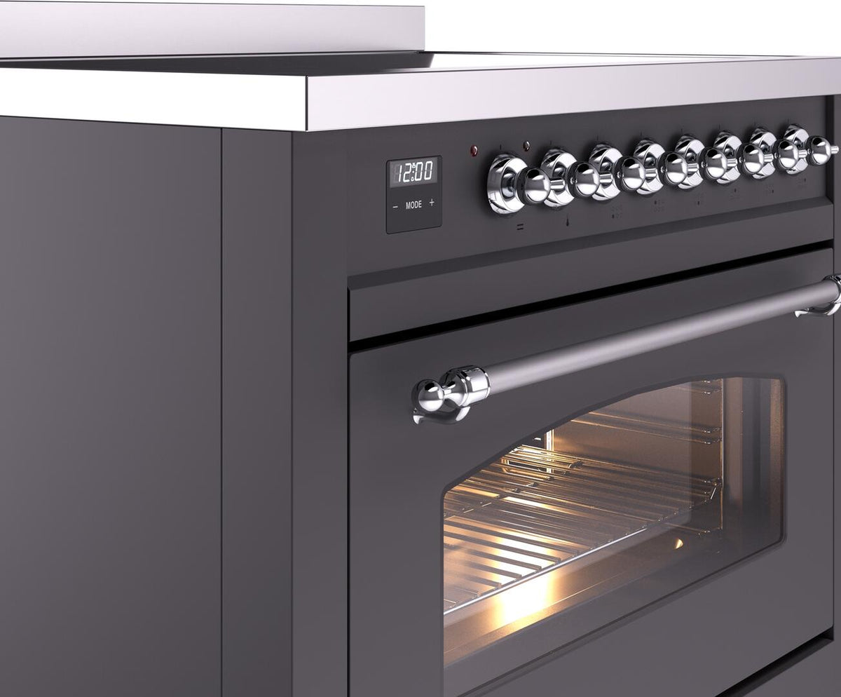 ILVE range control panel with knobs, digital display, and chrome oven handle on graphite body