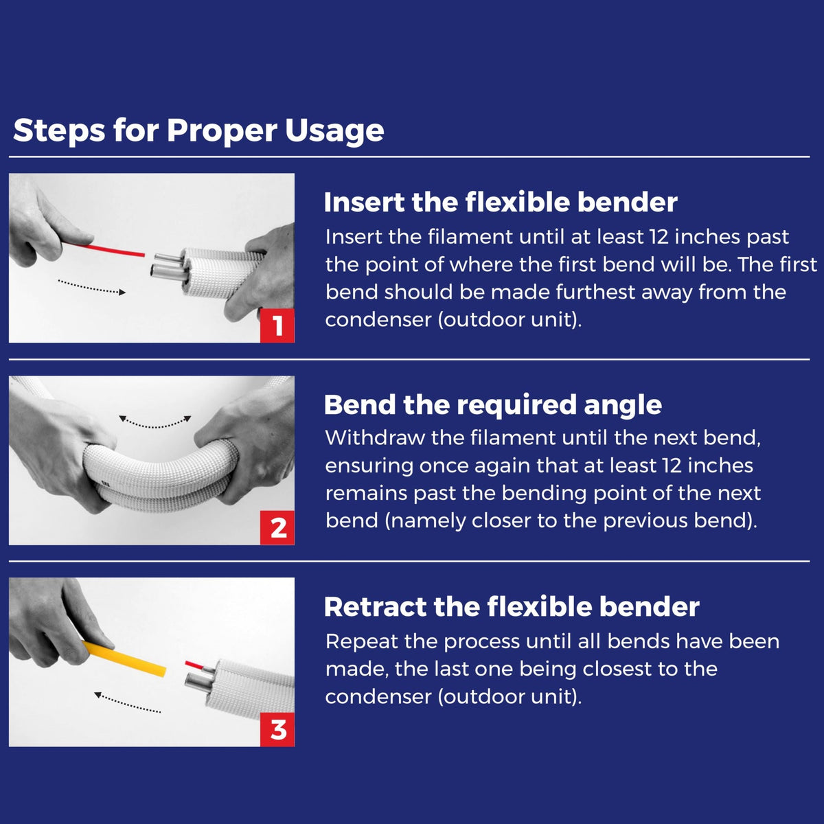 Usage steps infographic: insert filament, bend angle, retract flexible bender
