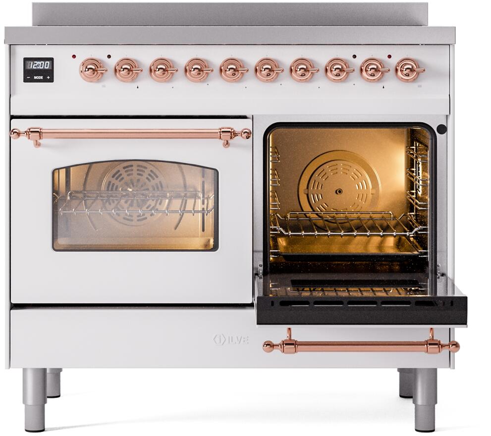 White electric induction range with right oven door open, left door closed, copper handle accents