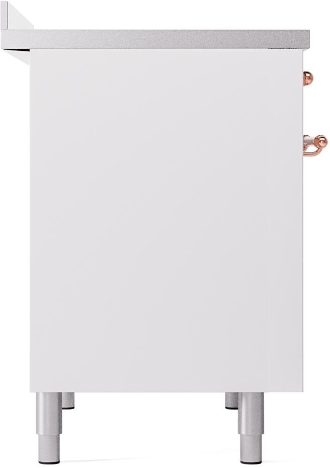White freestanding electric range base with legs and copper trim detail on the side