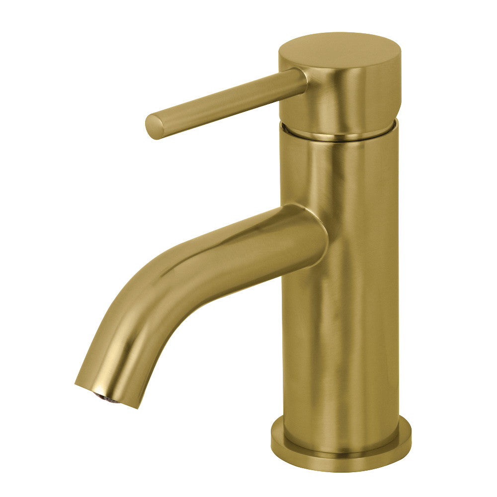 Brushed brass single-hole bathroom faucet with one-handle design and curved spout