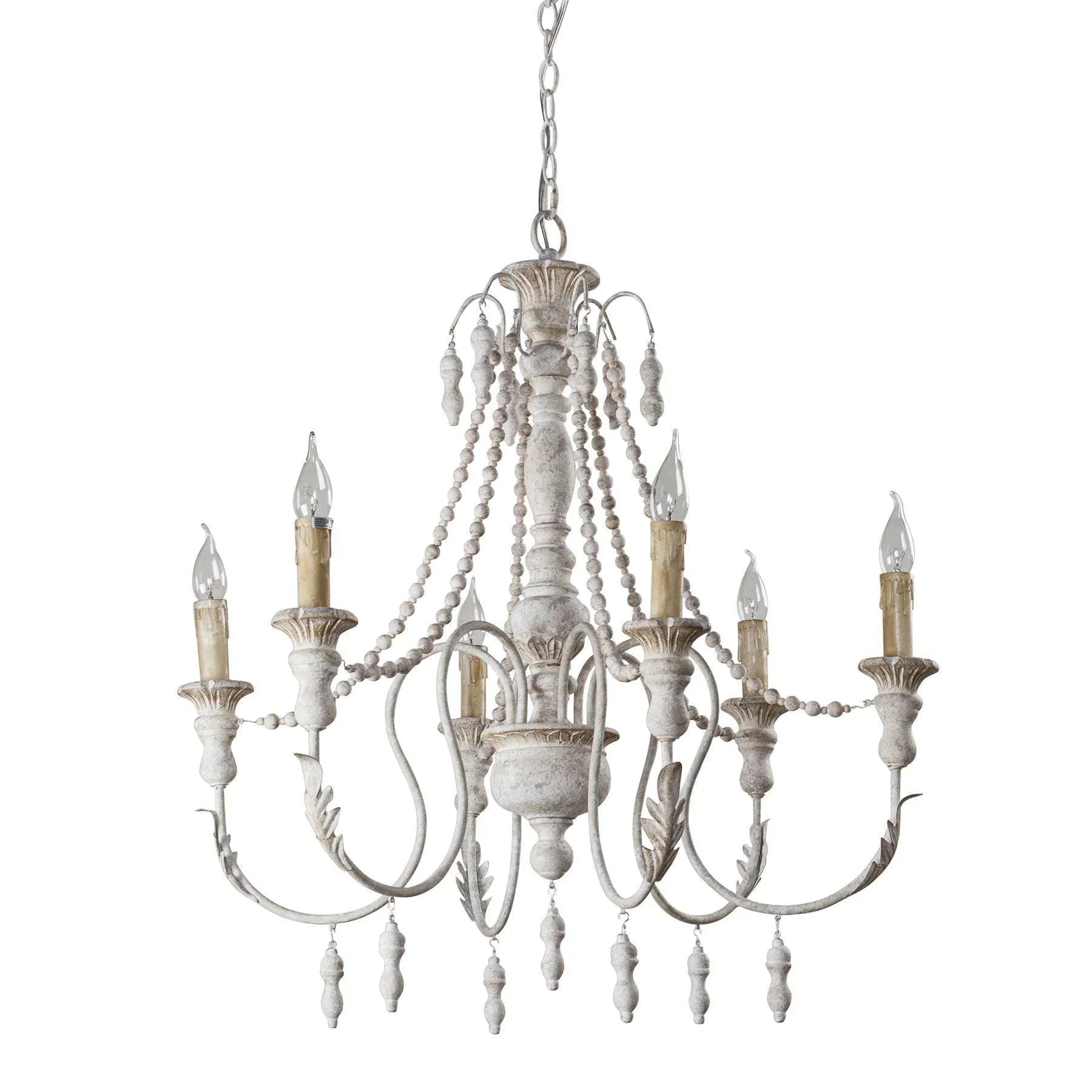 White wood chandelier with six candle-style bulbs, bead chains, and curved metal arms