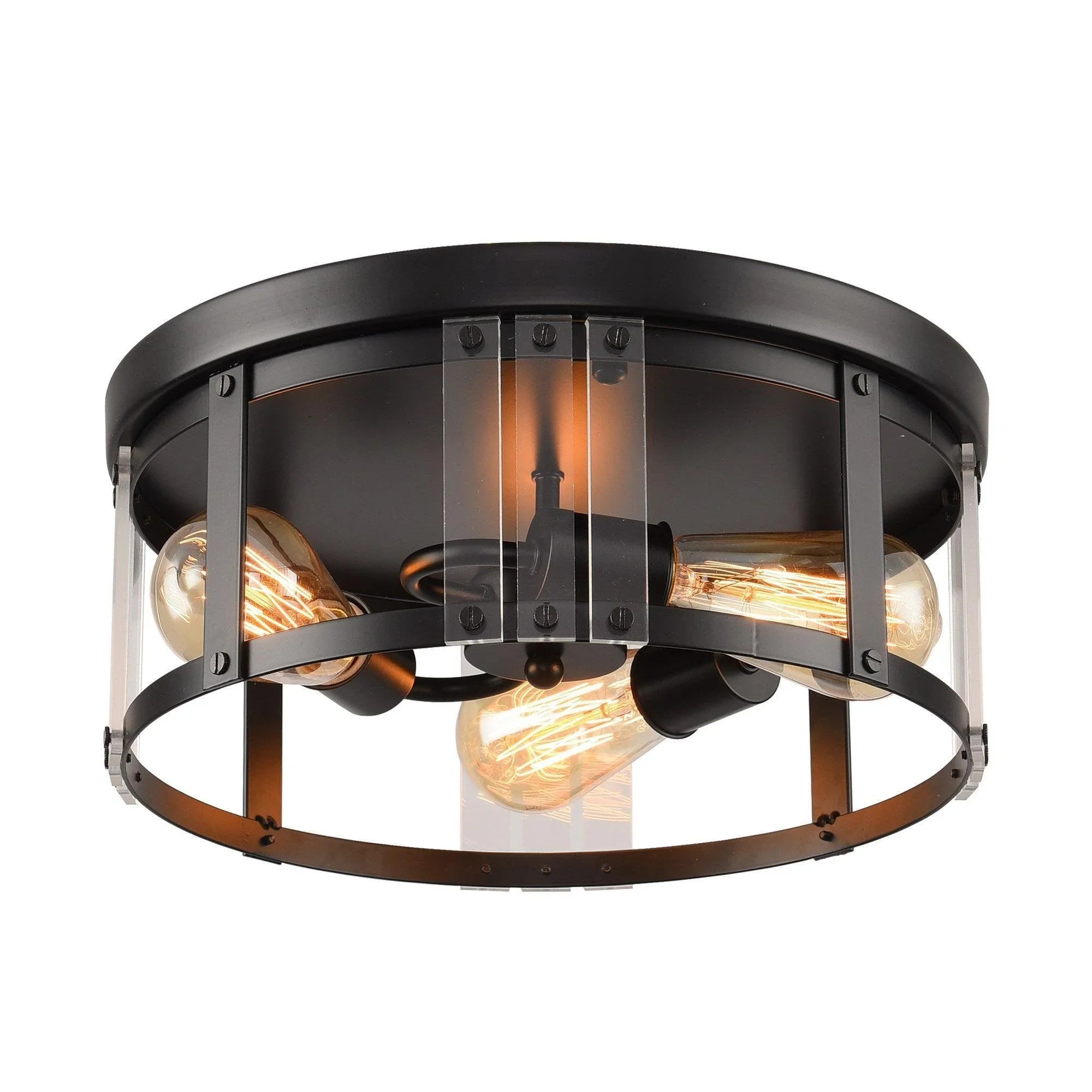 Black 3-light flush mount ceiling light with circular metal ring, three exposed bulbs