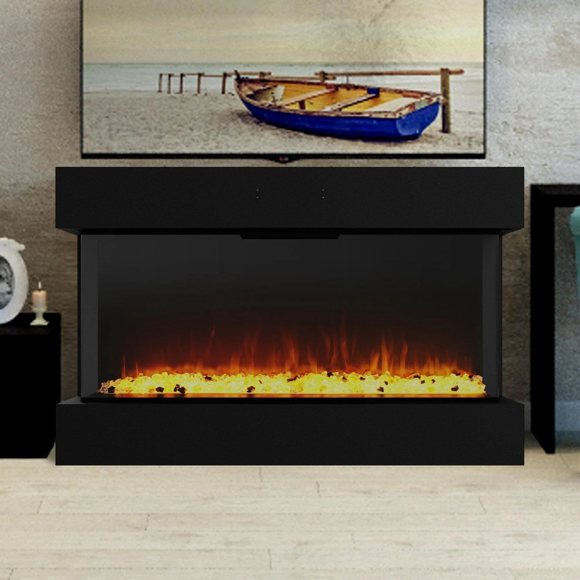 Black electric fireplace in room setting with orange LED flames behind the glass panel