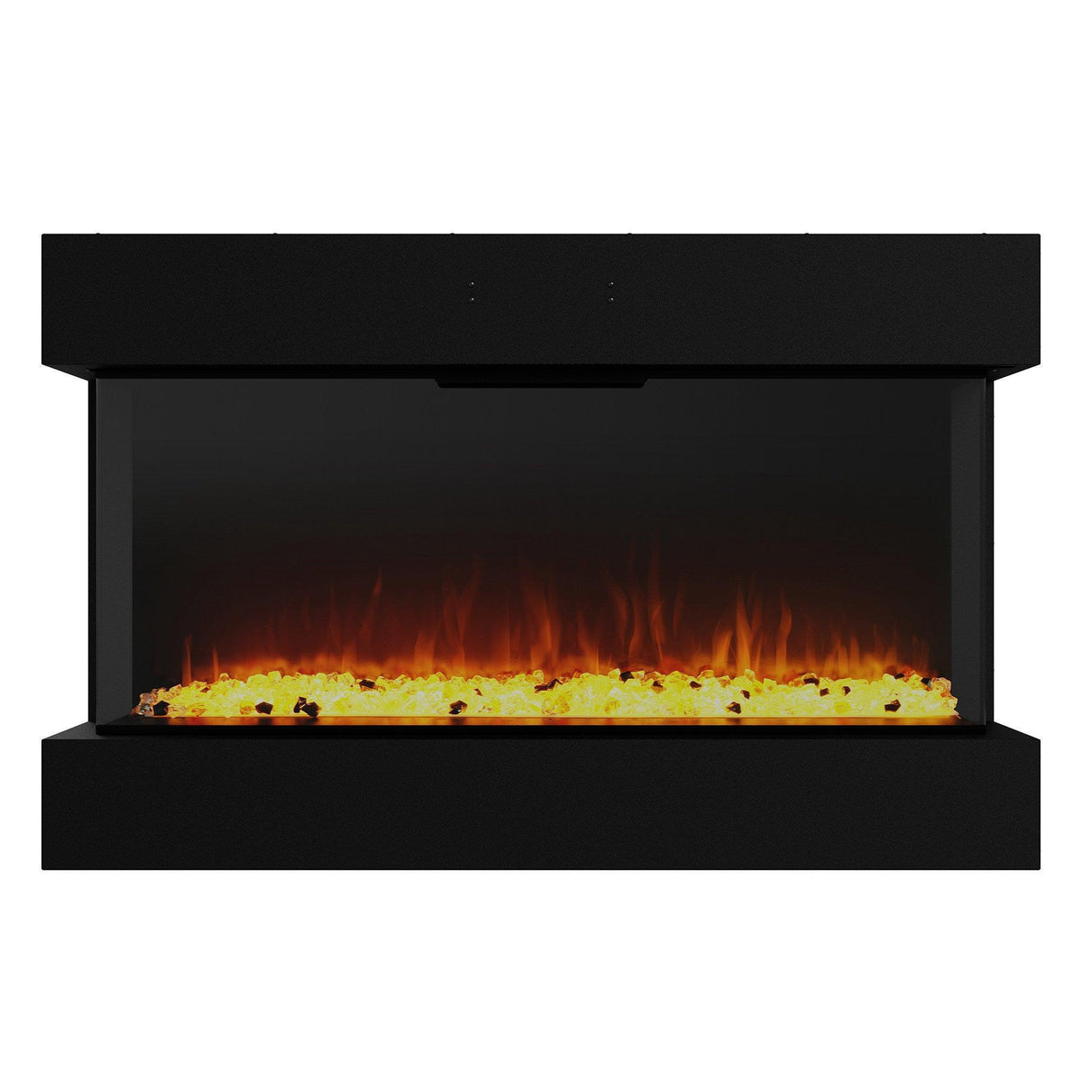 Black electric fireplace with orange LED flames and yellow embers filling the tray