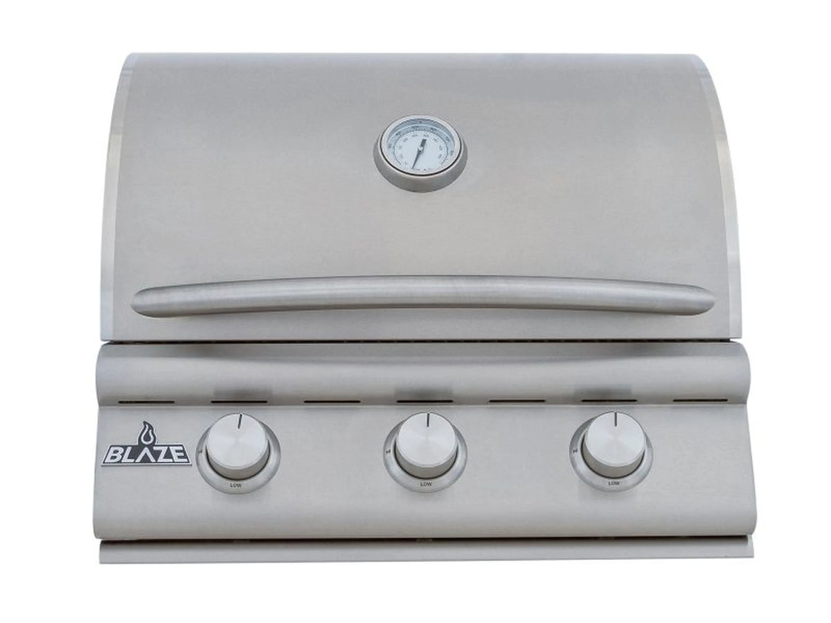 Stainless 3-burner gas grill lid with round temperature gauge and three knobs