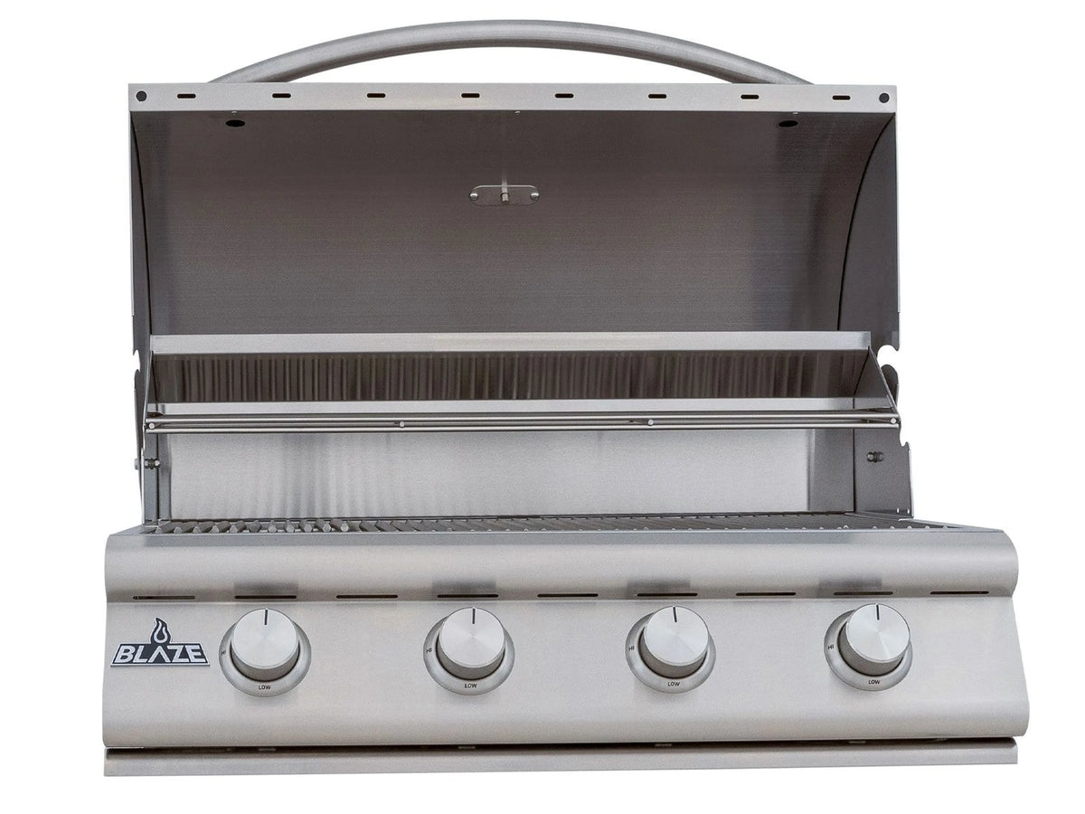 Open 4-burner natural gas grill with warming area and stainless control panel