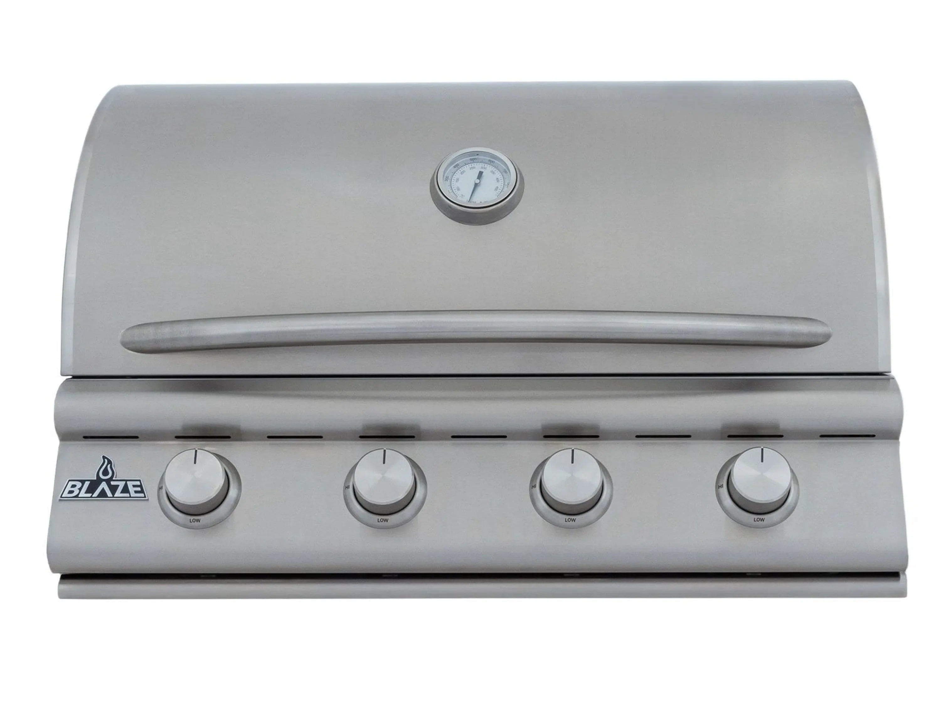 4-burner propane gas grill with stainless finish and four front control knobs