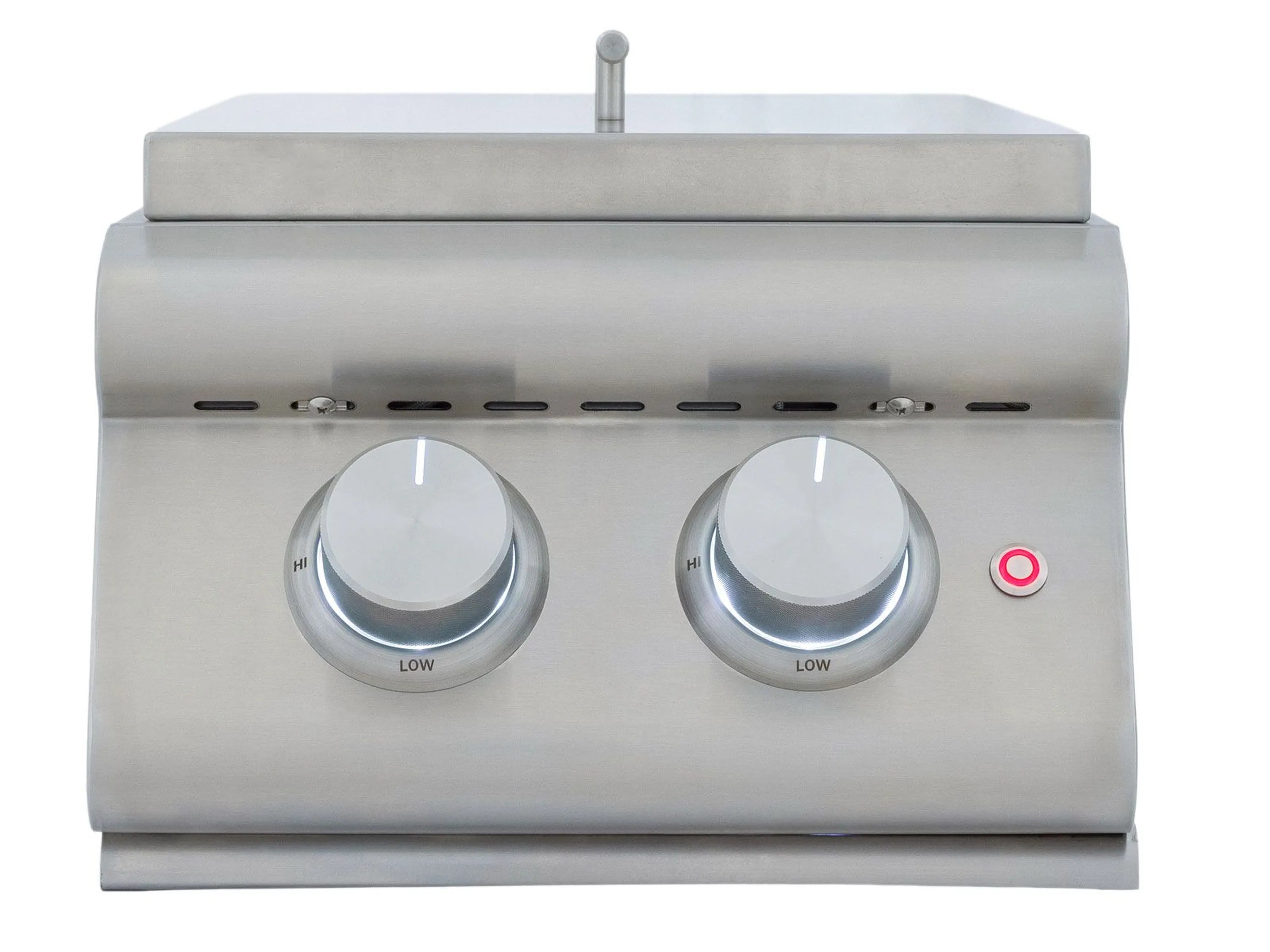 Stainless steel double side burner with two HI/LOW knobs and red ignition button