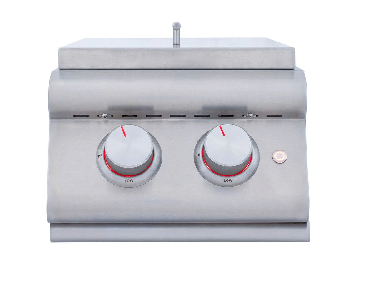 Stainless steel double propane side burner front view with two control knobs and red markings