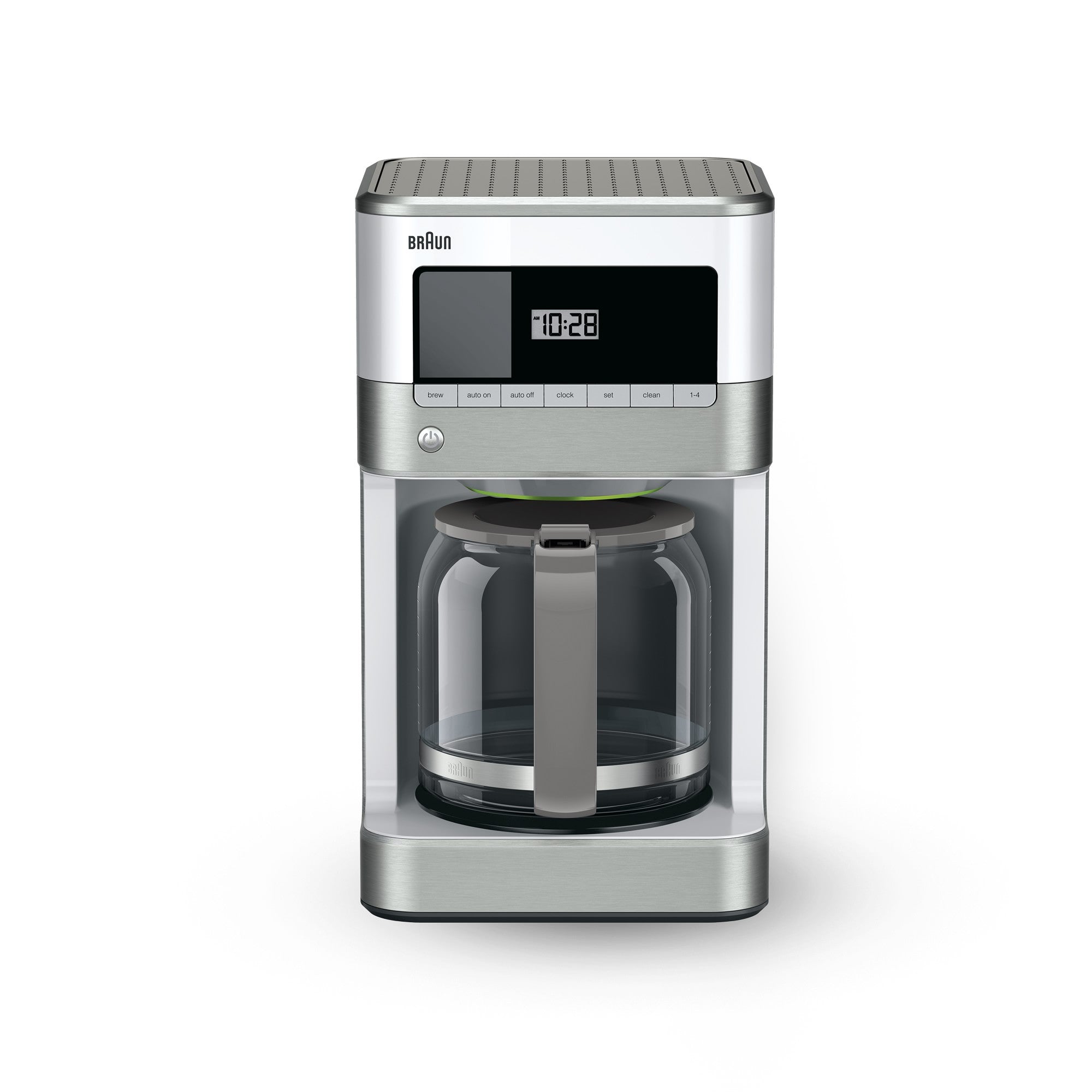 Top-front view of stainless steel and white 12-cup drip coffee maker with display