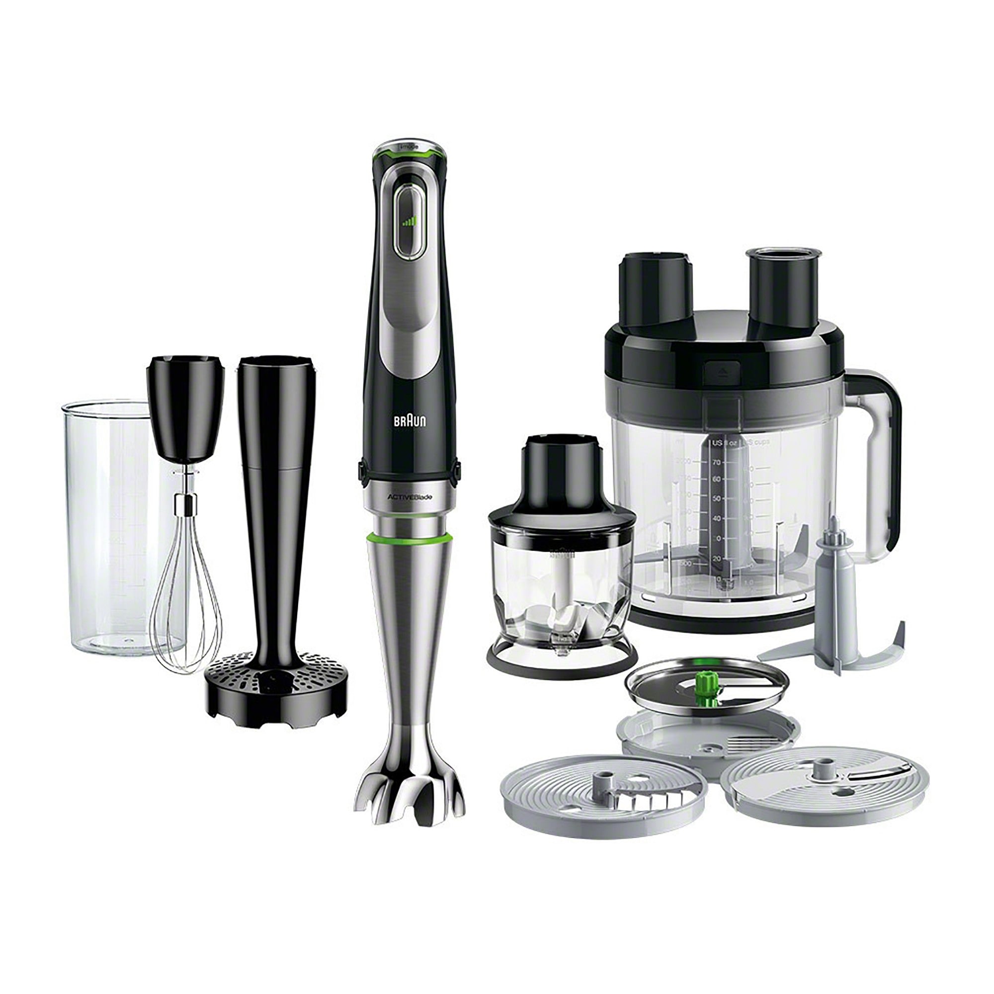 Hand blender set with stainless-steel and black motor, whisk, and chopper attachments