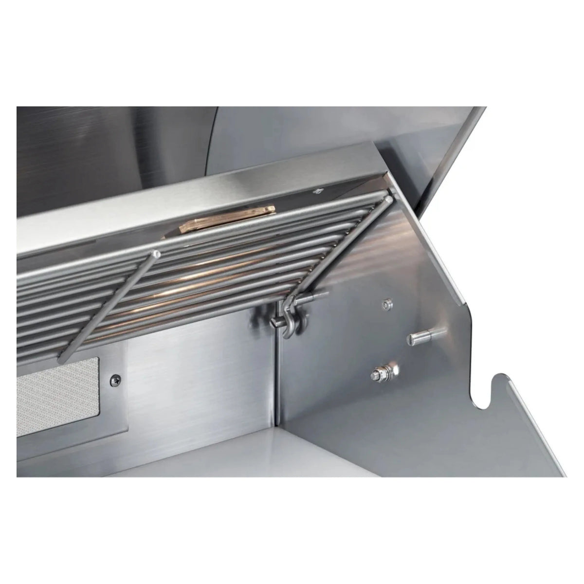 Stainless steel open grill hood with side burner area and control hardware