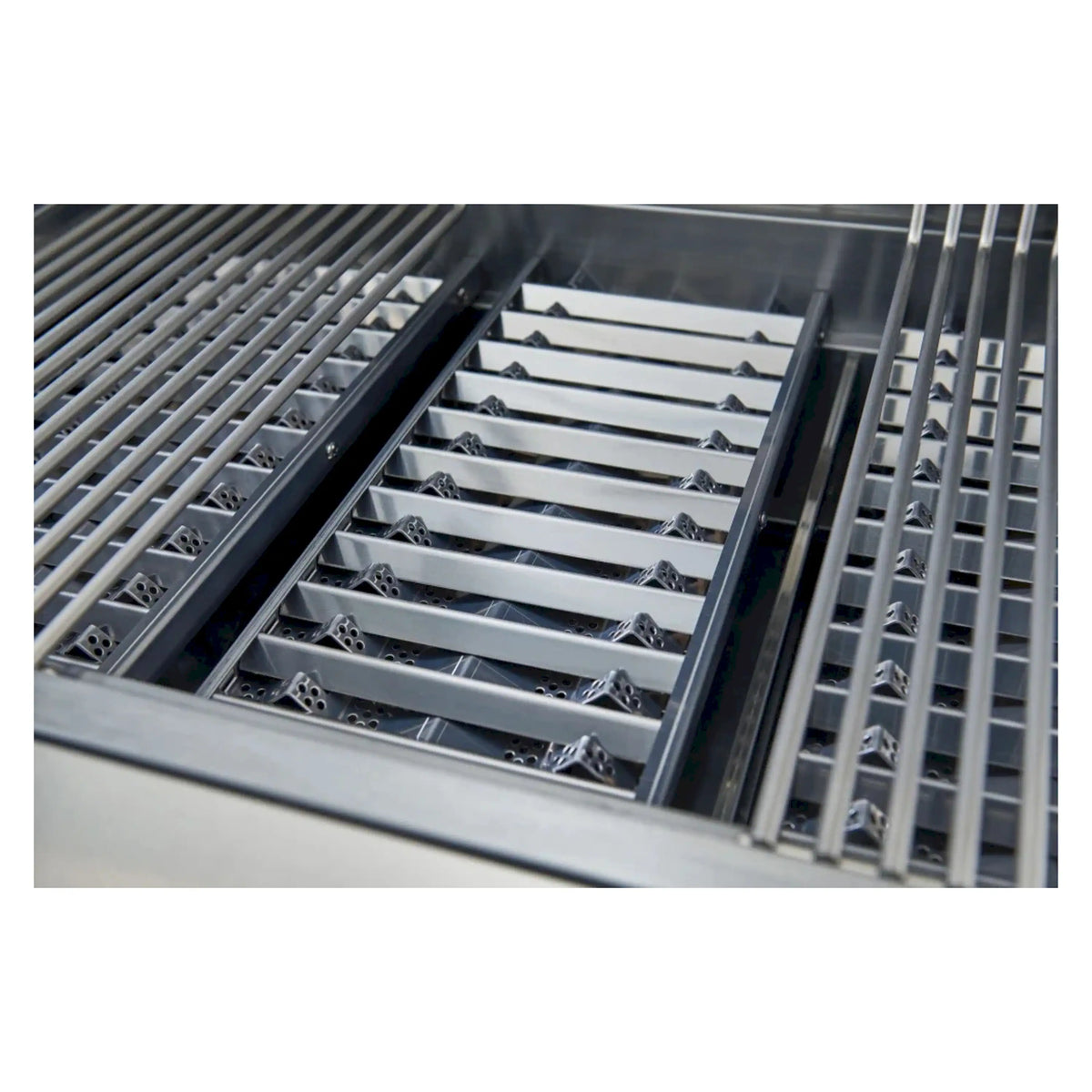 Stainless steel grill grates with enclosed burner row beneath