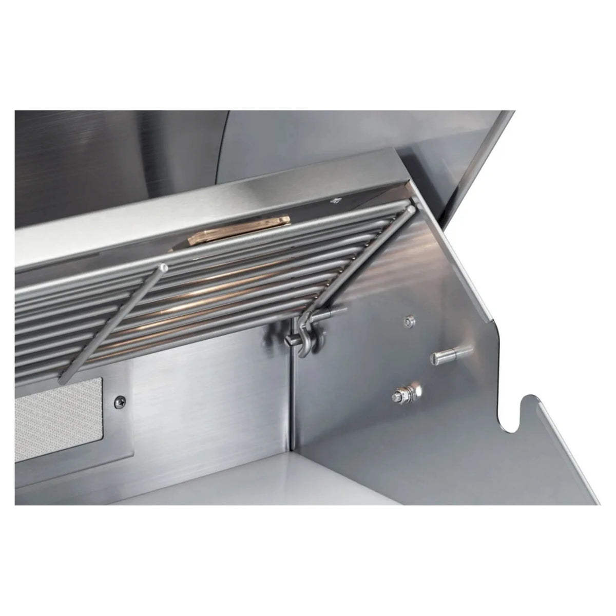 Stainless steel gas grill with side control area and open lid showing burner controls