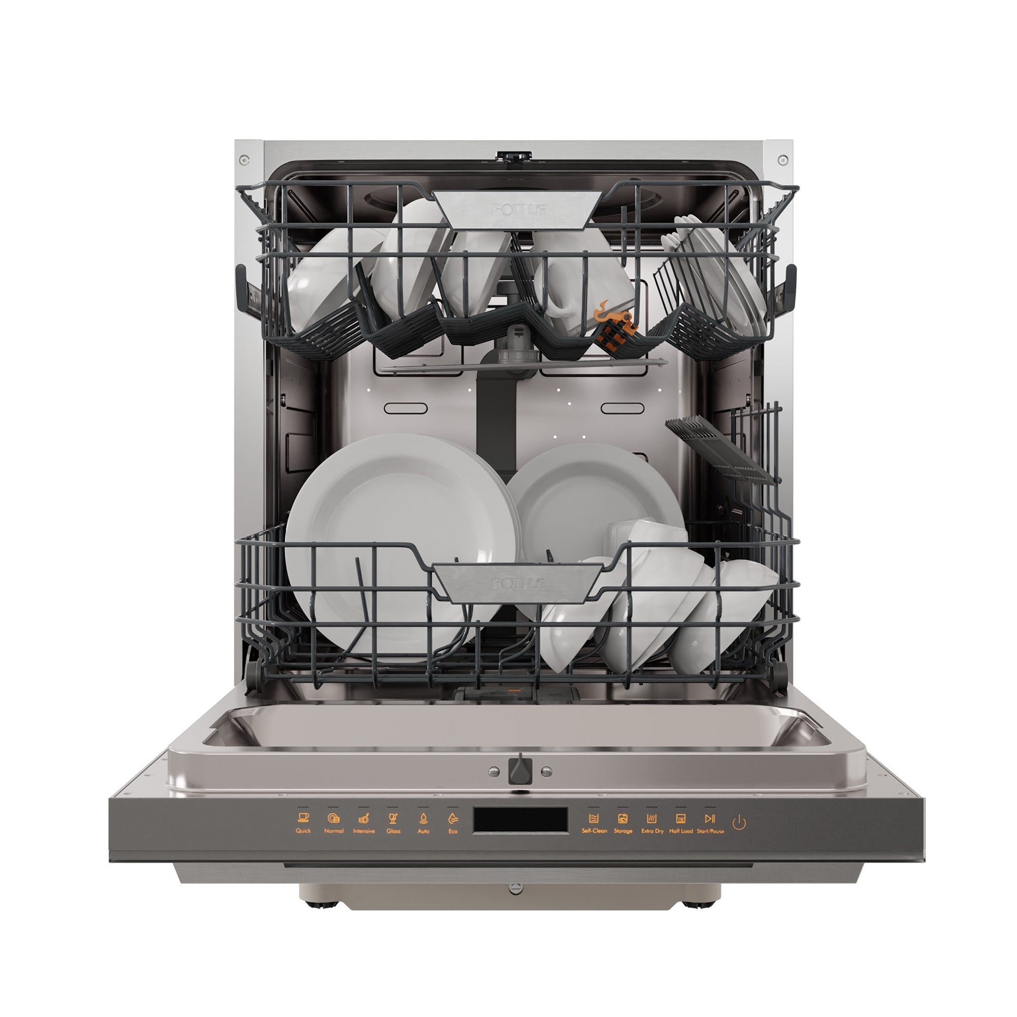 Fotile 24-inch built-in dishwasher with open racks, stainless interior, and control panel