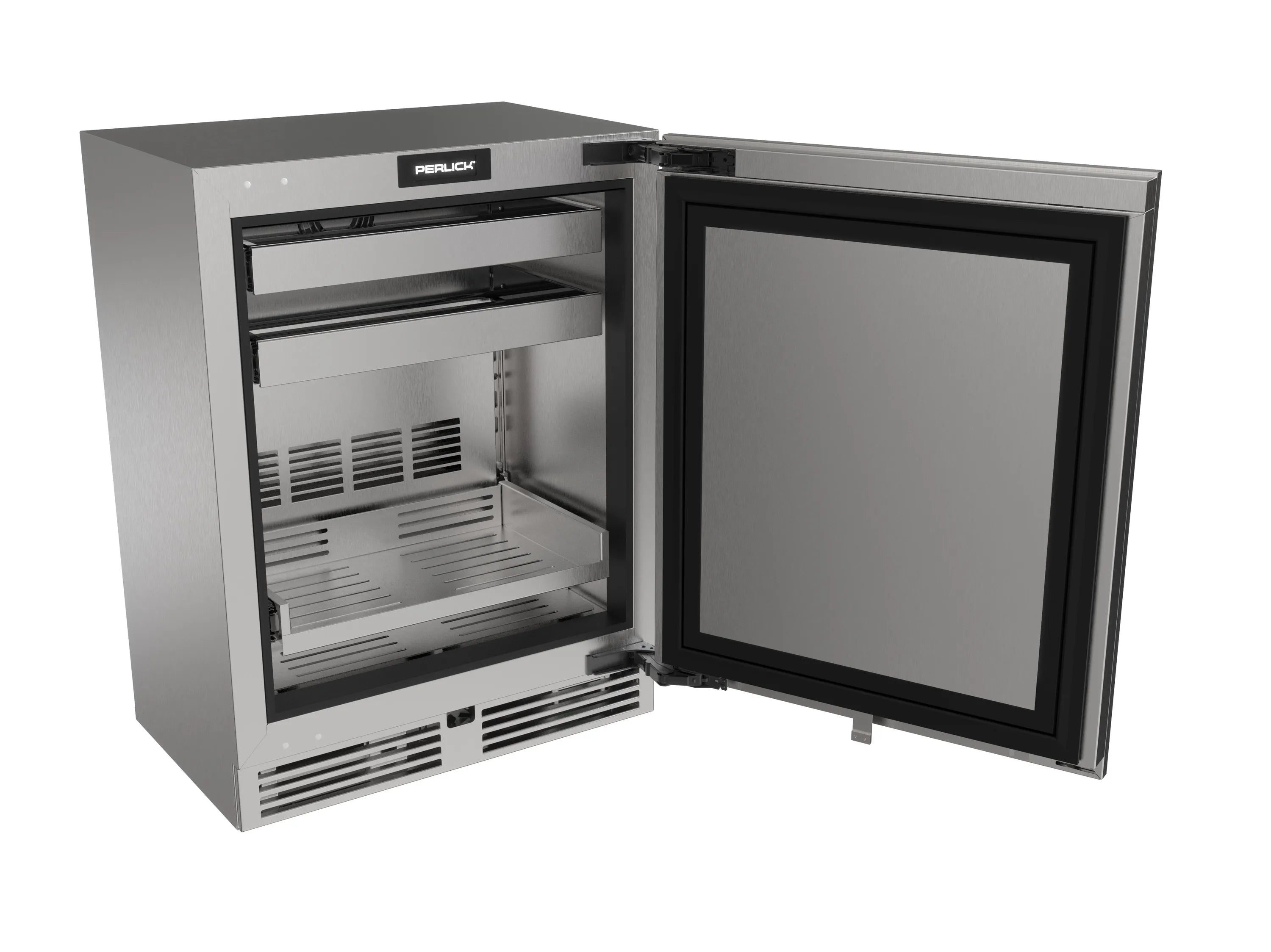Perlick 24-inch undercounter beverage center, door open to stainless interior shelving