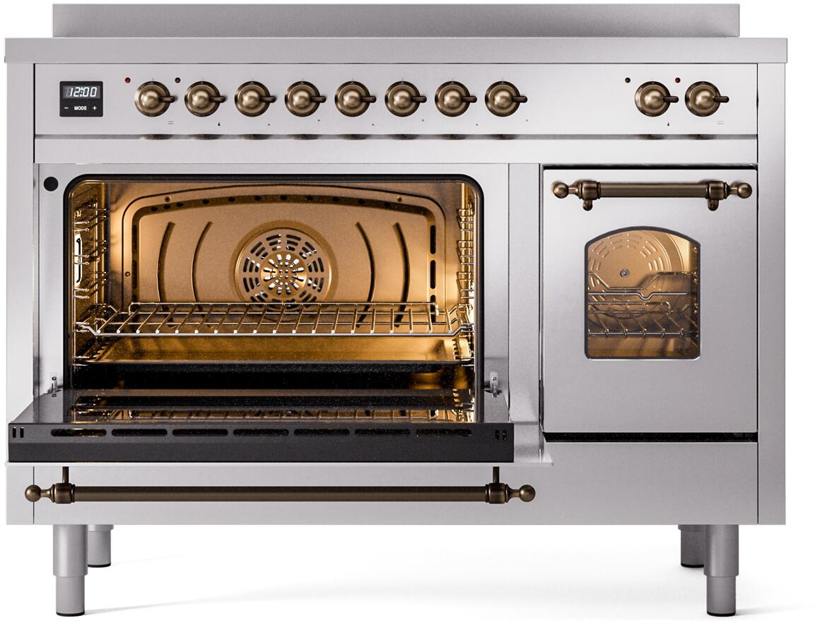 Electric induction range with left oven open and right oven door closed, bronze trim