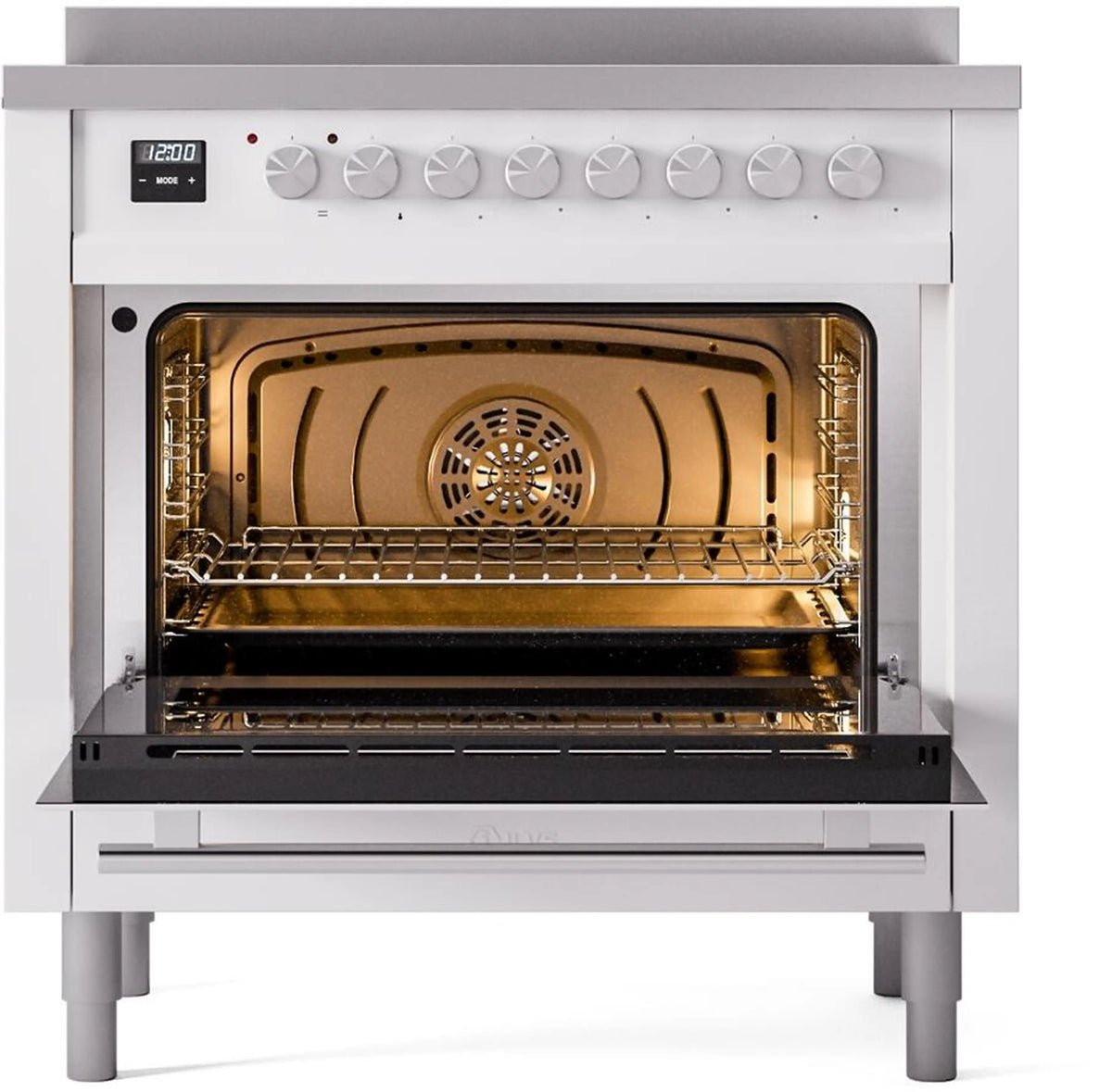 White induction range with illuminated oven interior and racks inside