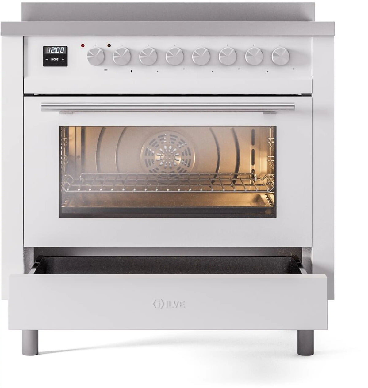 ILVE white induction range with open oven door and control panel, stainless knobs