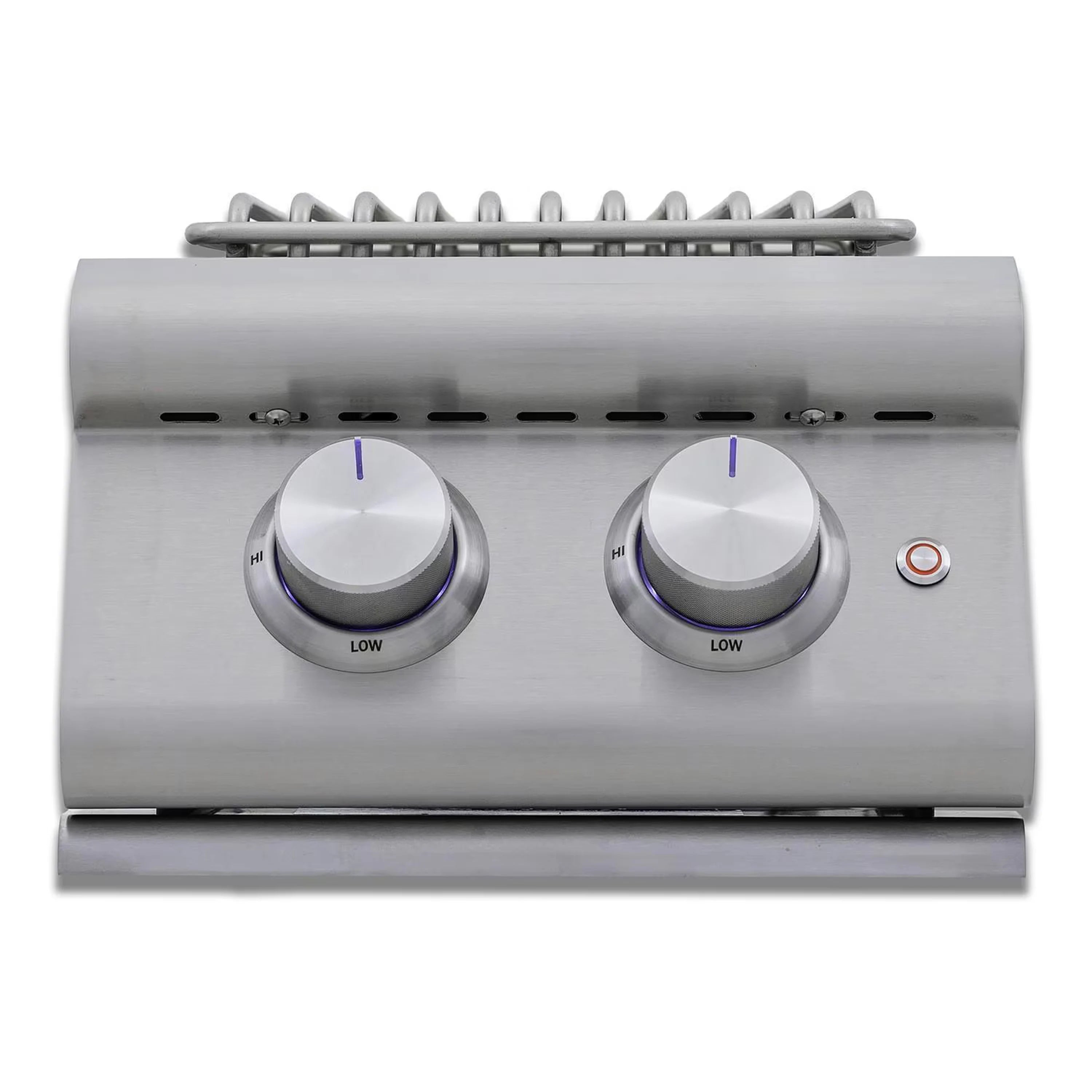 Stainless steel double side gas burner with two control knobs and lid