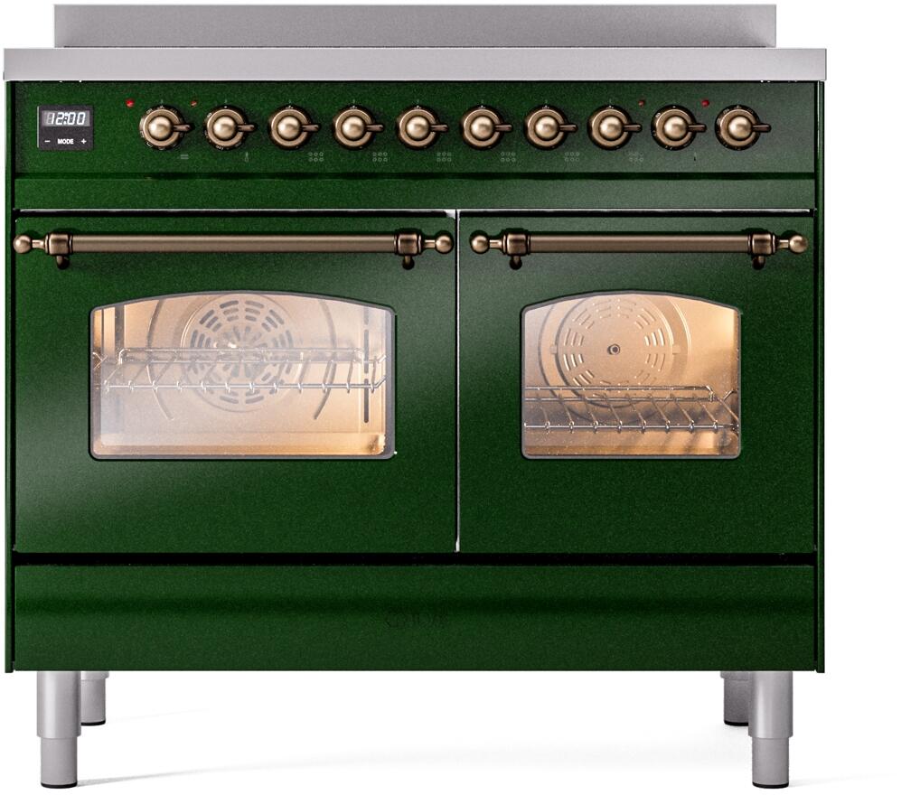 Emerald green electric range front with bronze control knobs and two glass oven windows