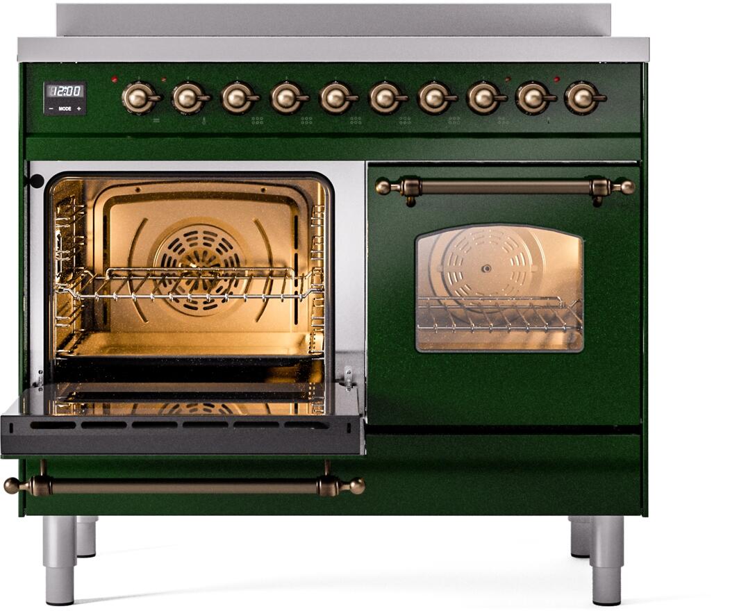 Emerald green range with left oven open and right oven window showing fan interior