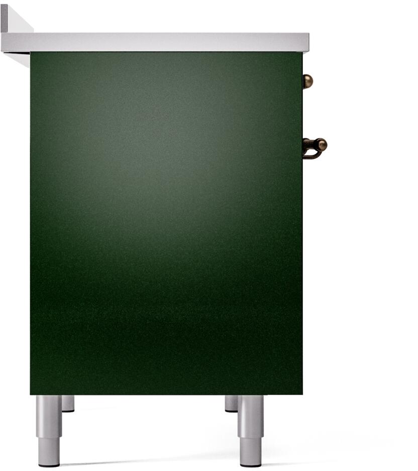 Emerald green range cabinet side panel with bronze corner hardware and legs