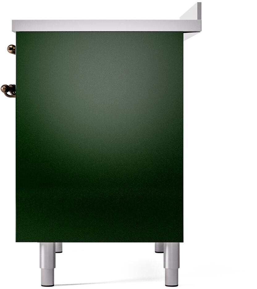 Emerald green range lower side panel with white legs and bronze mounting hardware