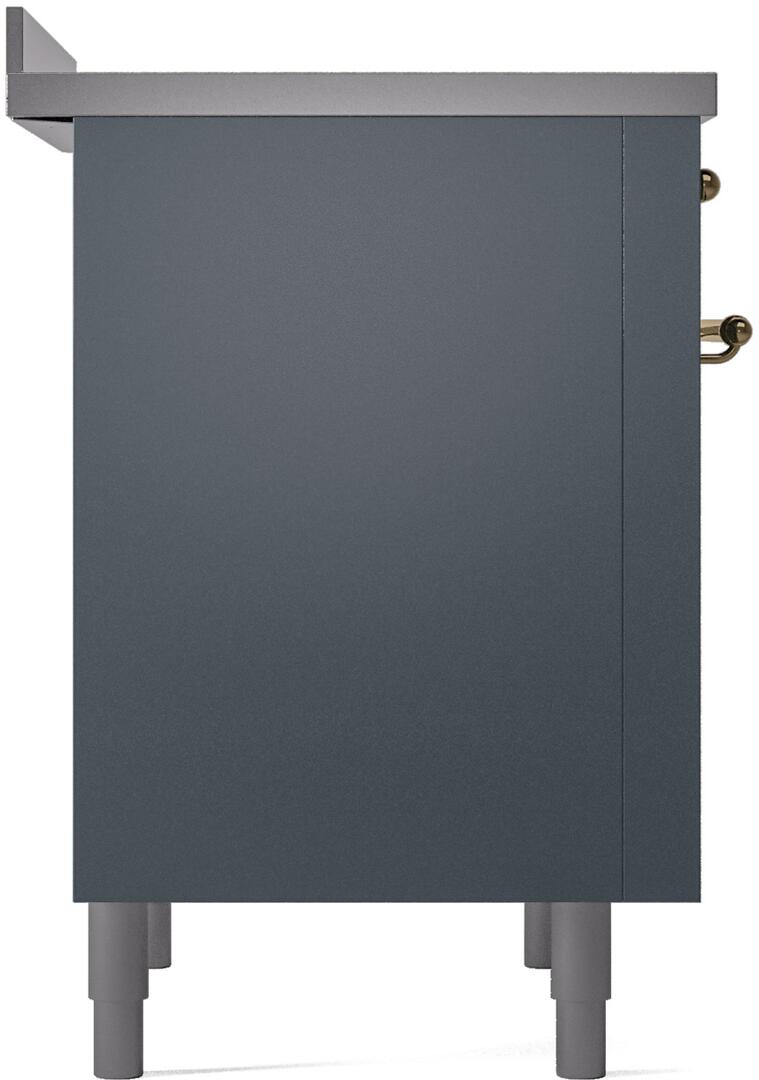 Blue grey freestanding electric induction range back panel with brass handle ends