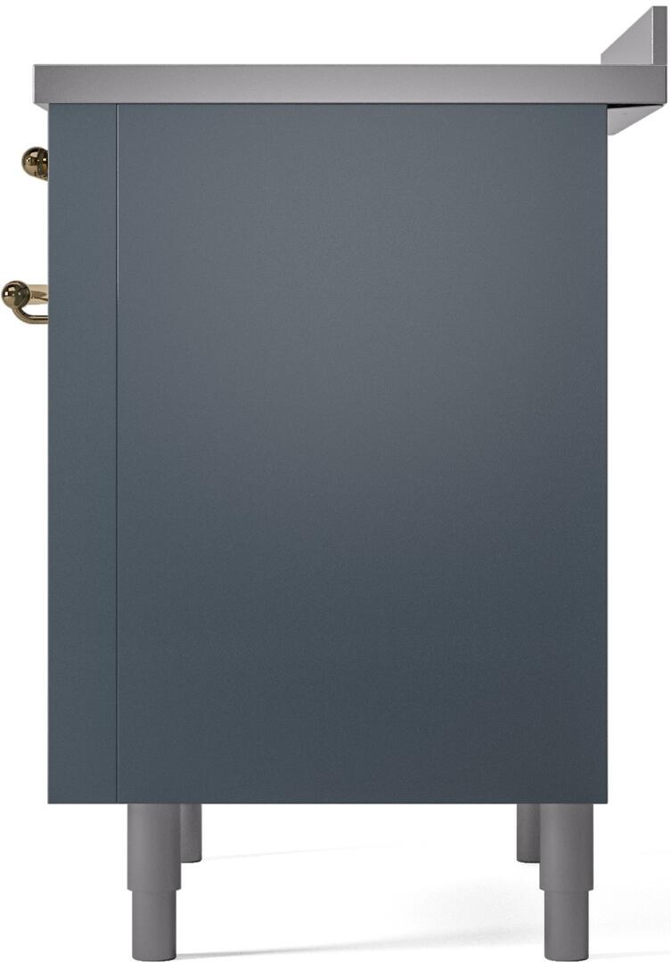 Blue grey freestanding electric induction range side panel with brass handle detail