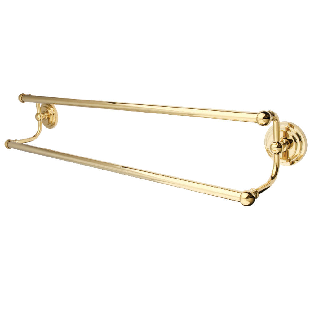 Polished brass double towel bar with two parallel rails and round wall mounting plates