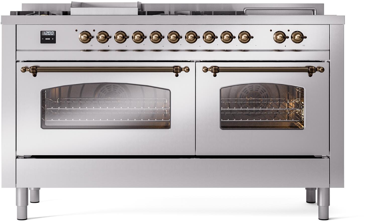 Stainless steel dual fuel range with bronze-trim control panel and two oven doors
