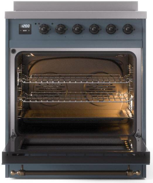 Front view of open oven cavity on blue grey electric induction range with racks and lights