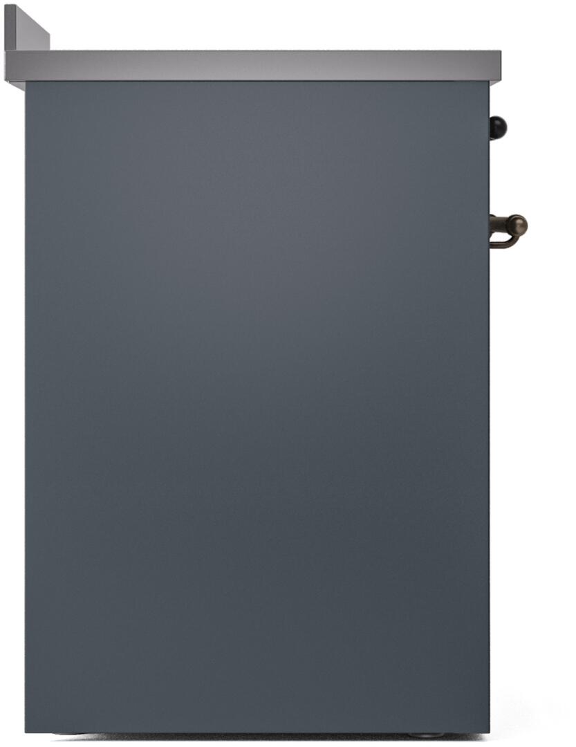 Rear corner view of blue grey freestanding electric induction range with bronze accent handle