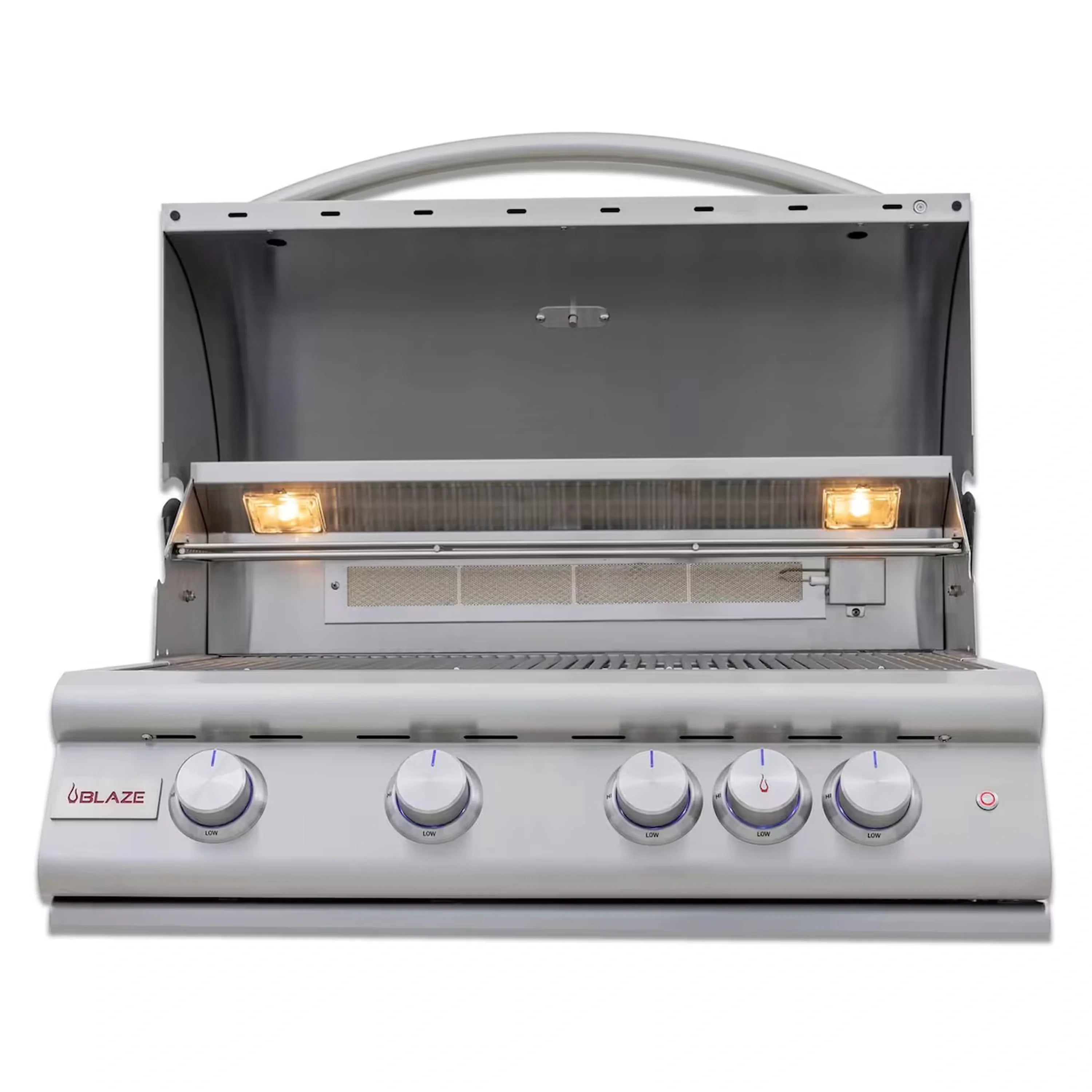 Stainless steel 4-burner natural gas grill with lid open and lit burners inside