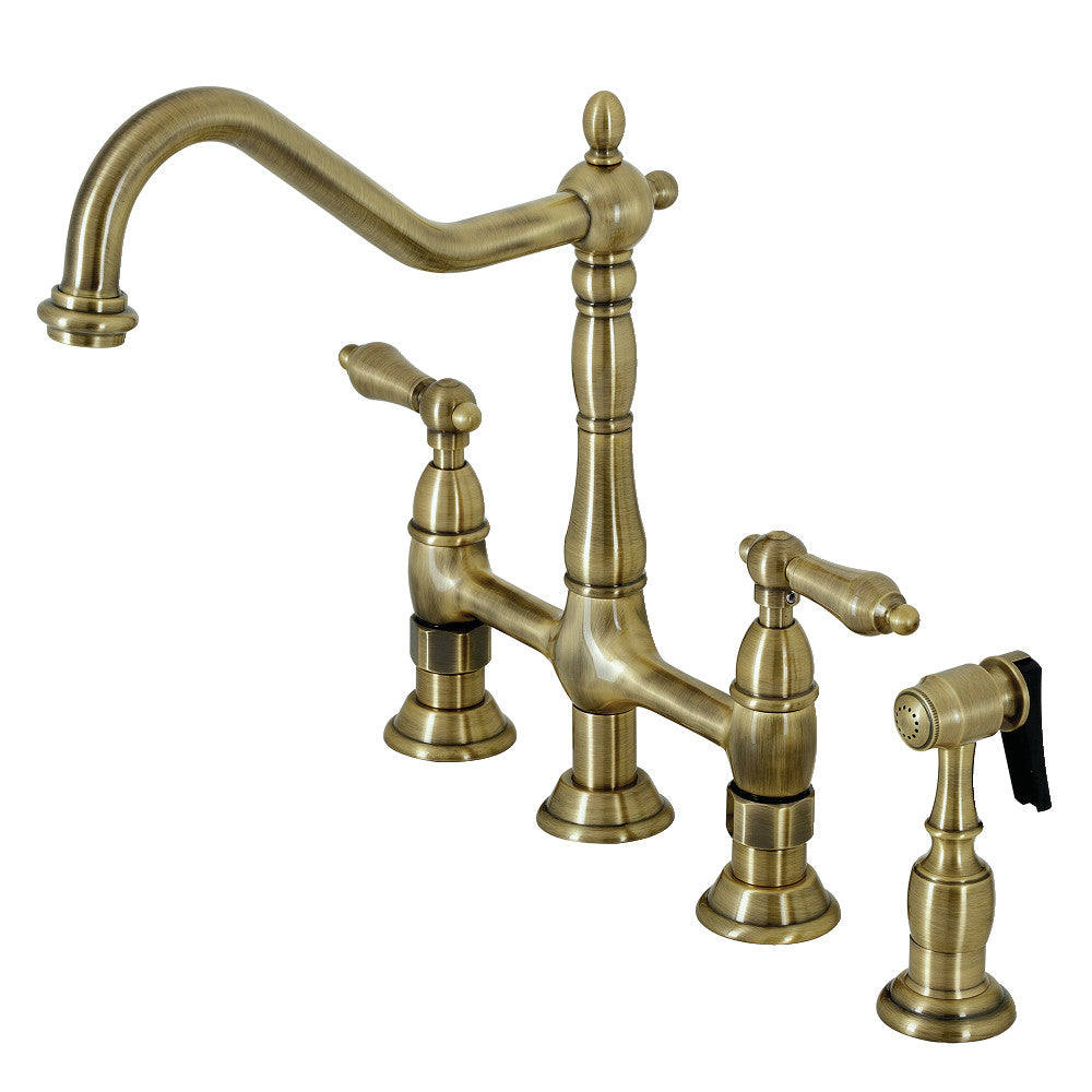 Antique brass bridge kitchen faucet with side sprayer and matching handles