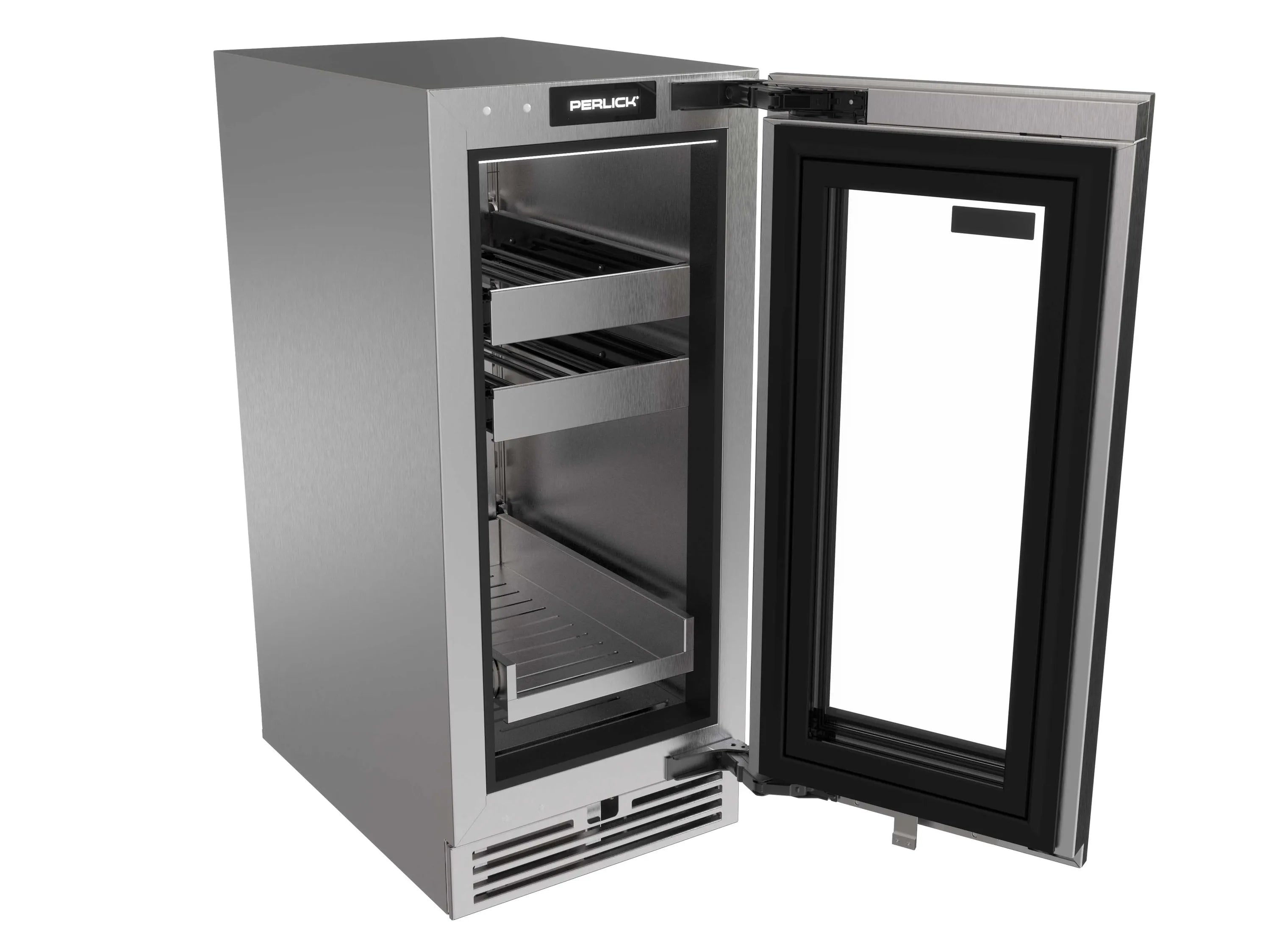 Stainless undercounter beverage center with open door and interior shelves