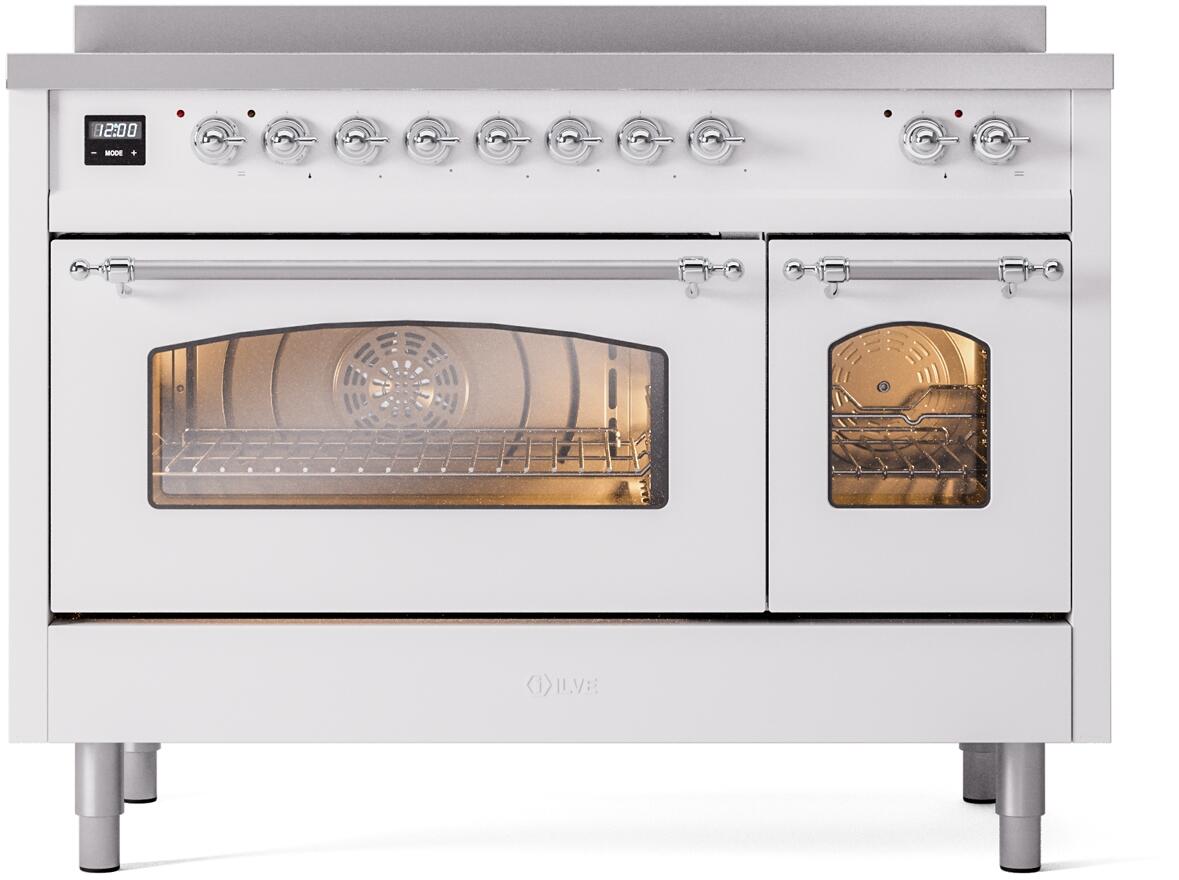 White freestanding electric induction range with chrome trim and oven windows, front view