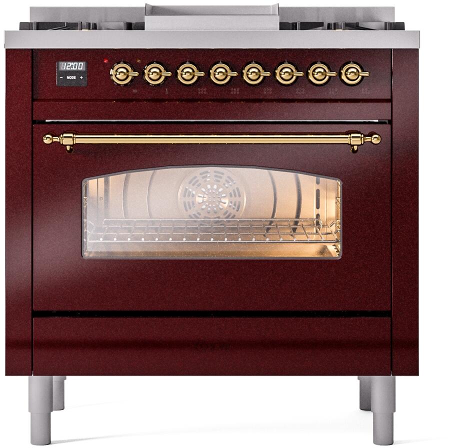 ILVE burgundy dual fuel range with brass control knobs and digital display