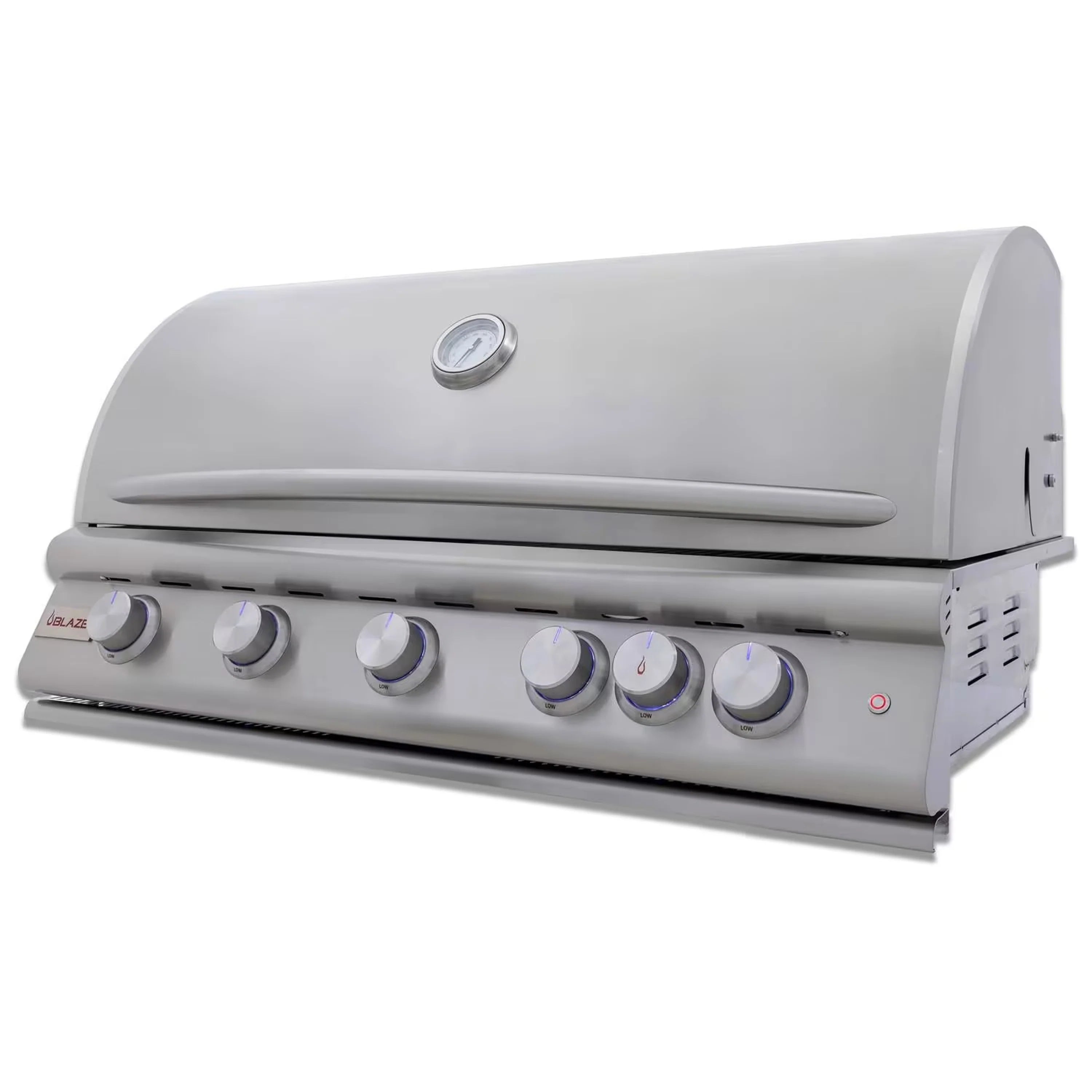 Stainless steel natural gas grill with lid and side controls, five burner knobs visible