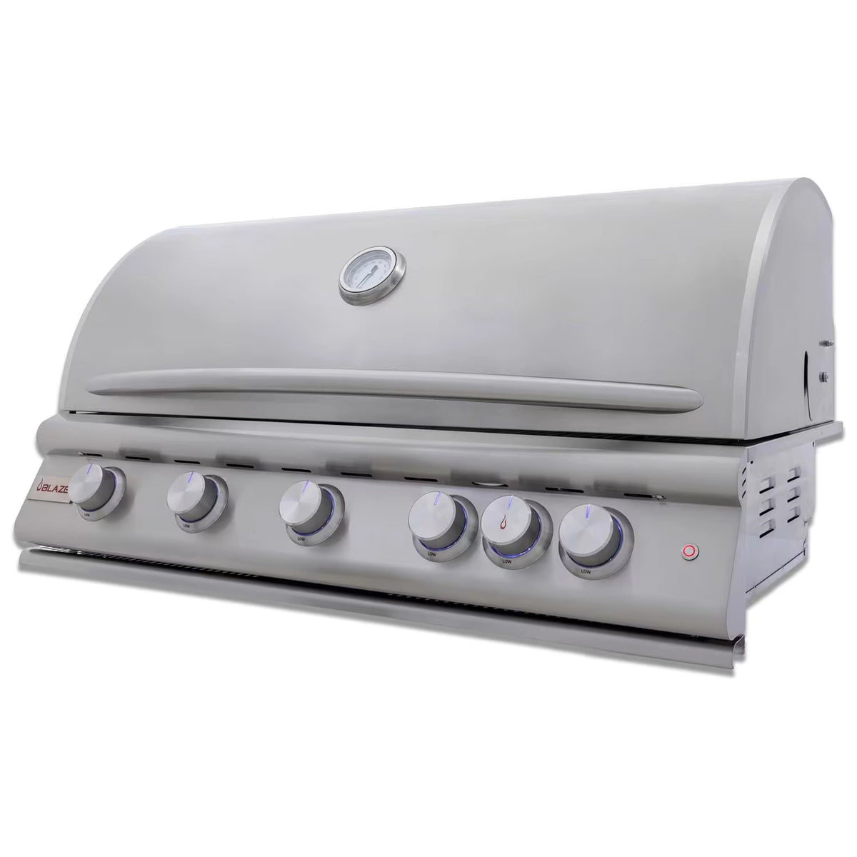 White stainless steel gas grill with front control knobs and closed hood