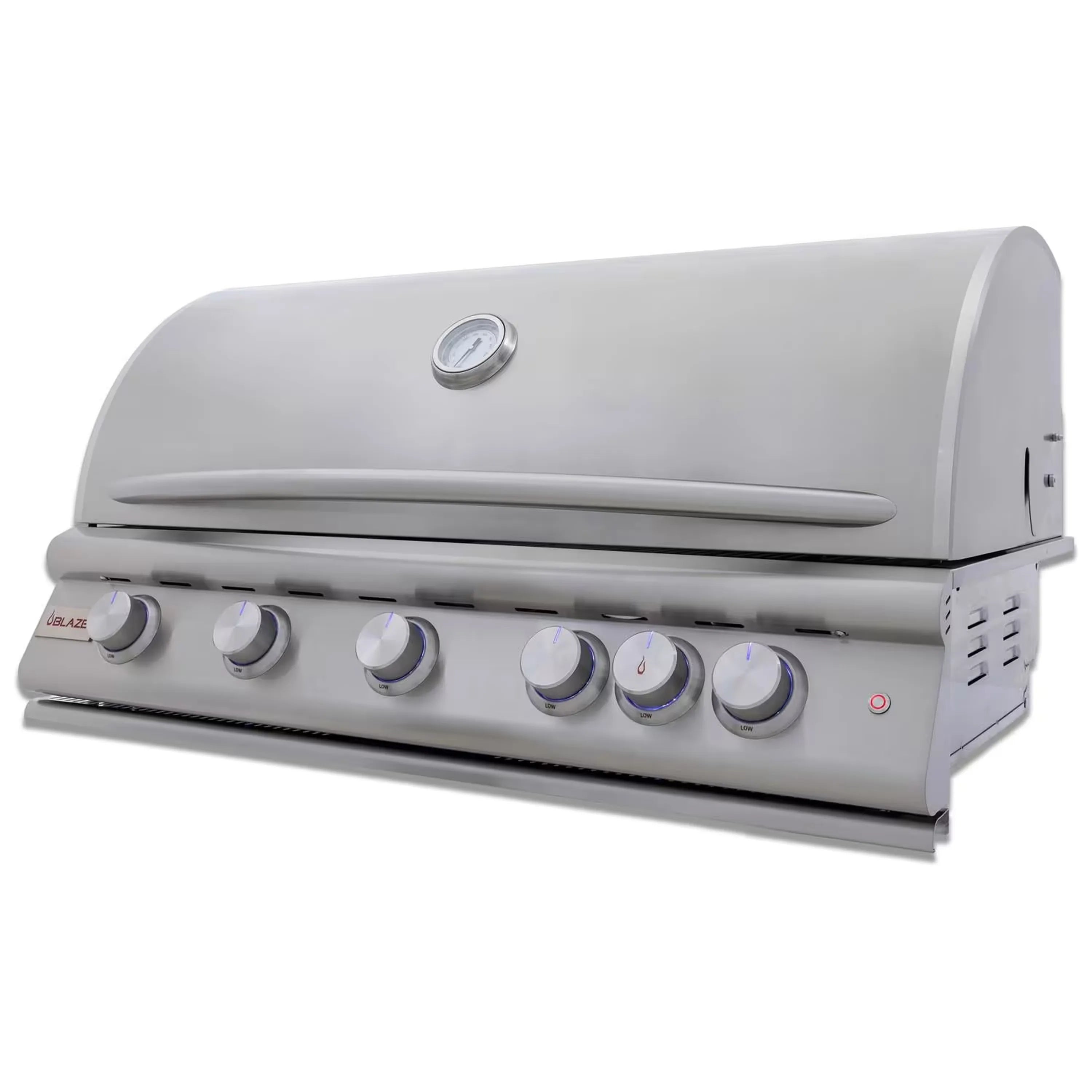 Stainless built-in natural gas grill with domed hood and five burner control knobs
