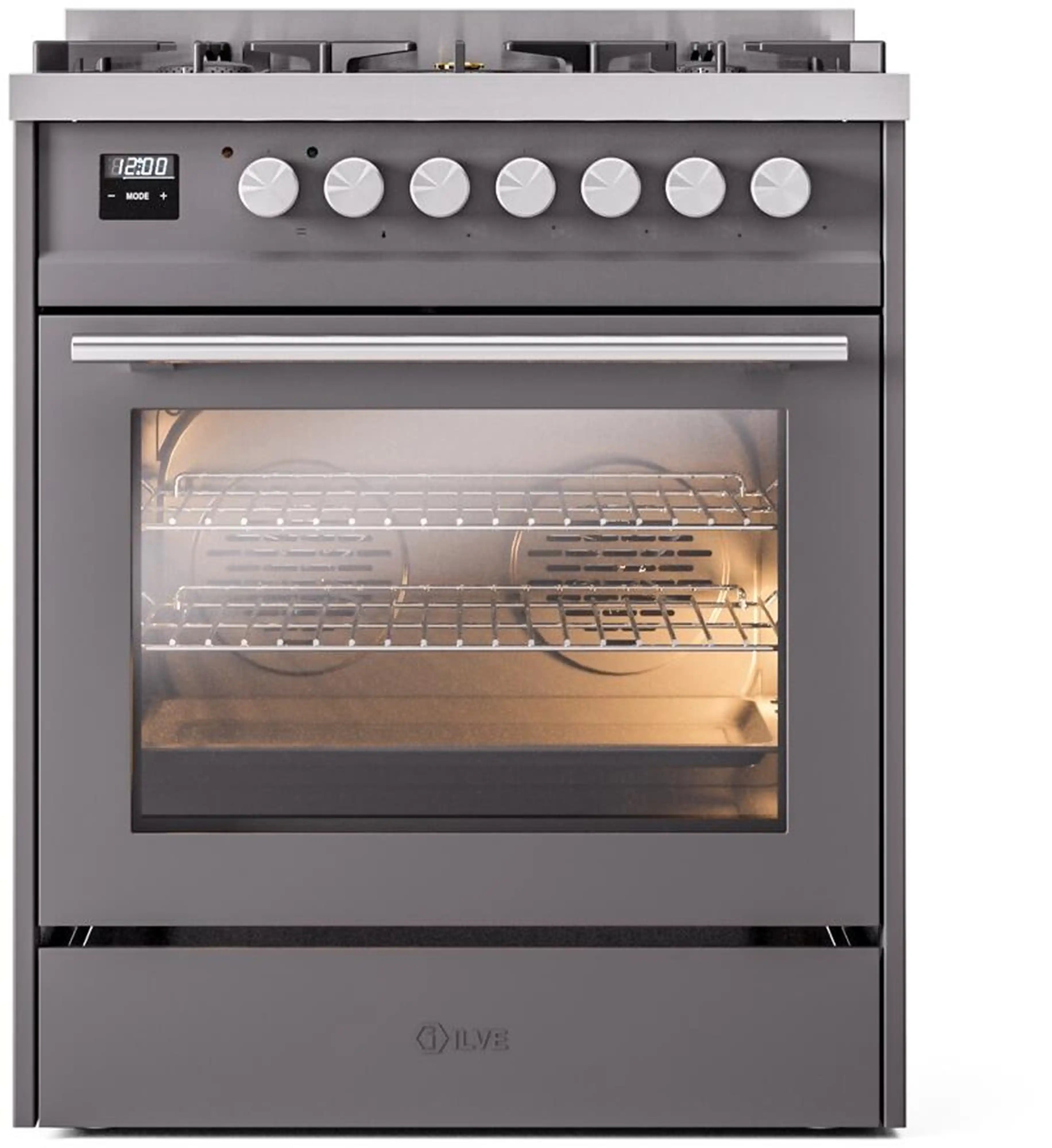 Matte graphite freestanding gas range with lit oven and five-burner control row