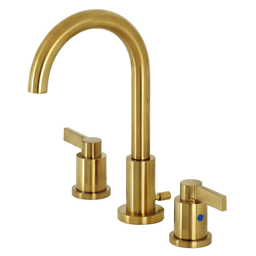 Brushed brass widespread bathroom faucet with curved spout and two handles
