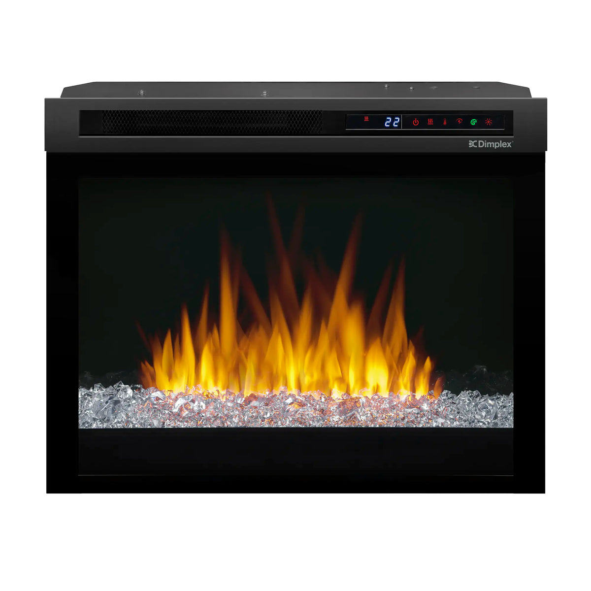 Black electric firebox with orange flame effect and glowing acrylic crystal ember bed